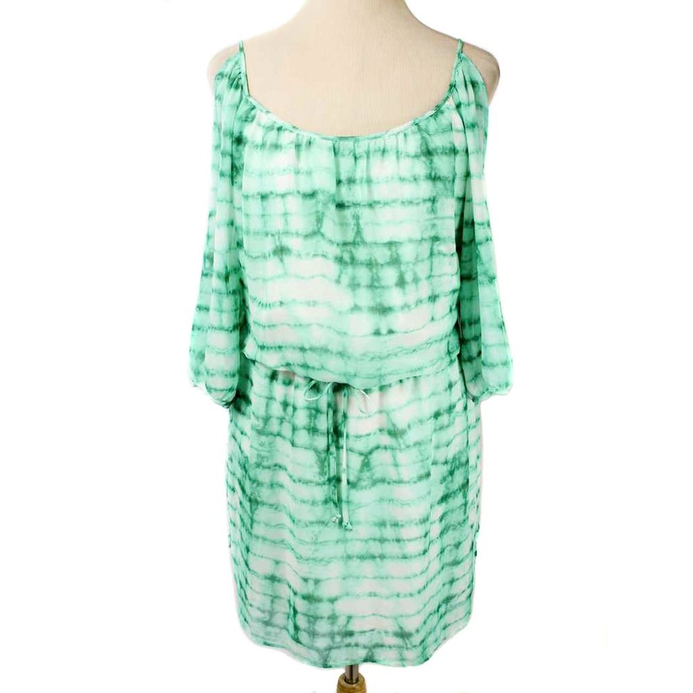 BISOU BISOU Green & White Tie Dye Chiffon Blouson Cold Shoulder Dress NWT